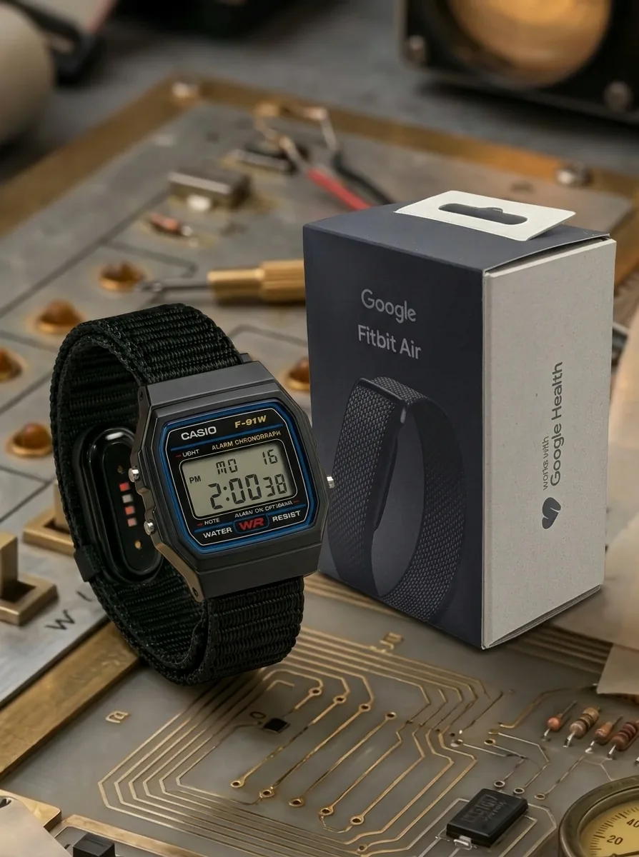 The PIV F-91 next to a sealed Google Fitbit Air box, as shipped in the $189.99 option