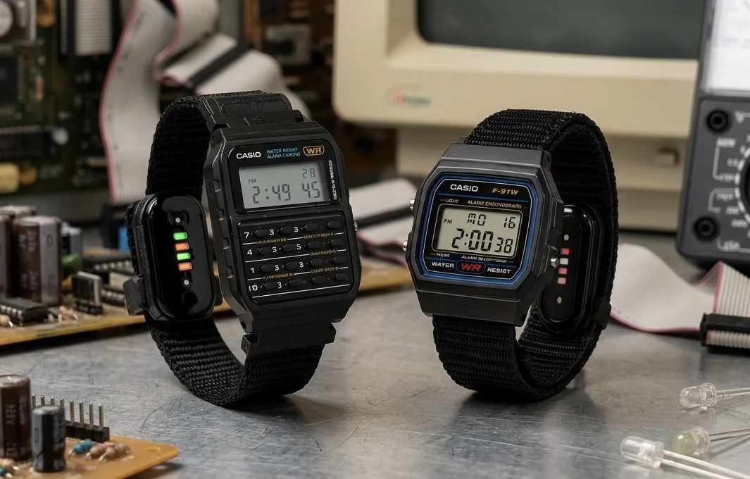 PIV CA-53W and PIV F-91 side by side on a workbench, with the Fitbit Air pebble visible under the band